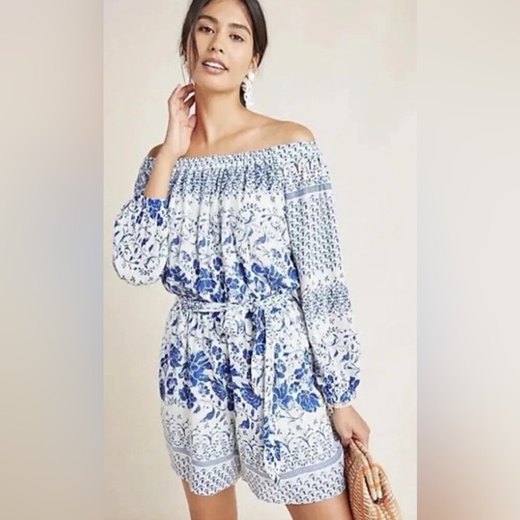 Anthropologie Clemente Off The Shoulder Blue Floral Romper Size Small - Picture 1 of 4